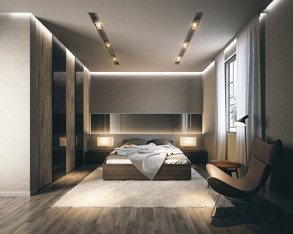 Sàn gỗ công nghiệp màu xám khói cho không gian phòng ngủ hiện đại tiện nghi.