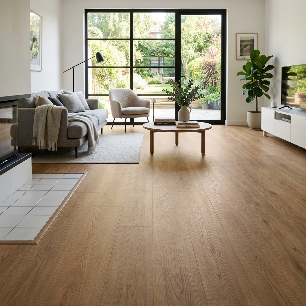 Bề mặt nền gạch men cũ được lột xác hoàn toàn nhờ dán trực tiếp tấm sàn nhựa giả gỗ cao cấp.