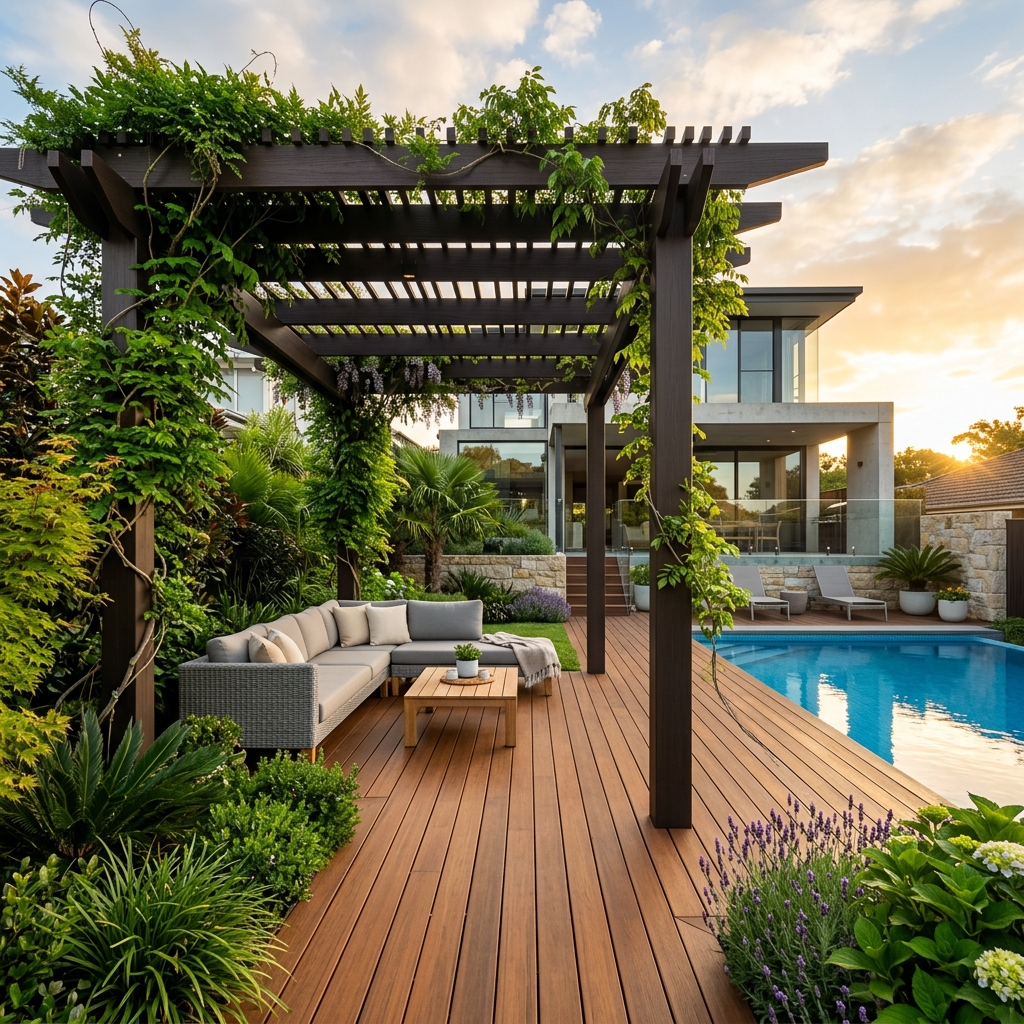 Toàn cảnh sân vườn biệt thự với hệ giàn hoa pergola và sàn gỗ nhựa WPC cao cấp