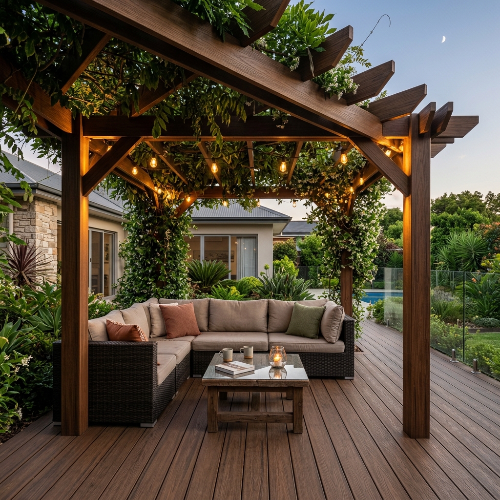 Không gian thư giãn đẳng cấp với bộ sofa đặt trên mặt lót sàn gỗ nhựa WPC dưới giàn pergola