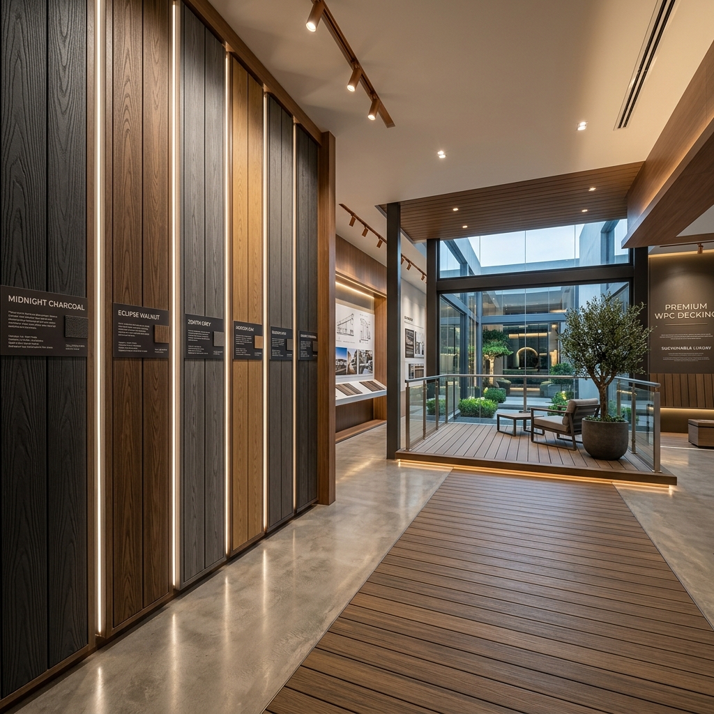 Showroom trưng bày đa dạng các dòng vật liệu lót sàn gỗ ngoài trời WPC siêu cứng cáp.