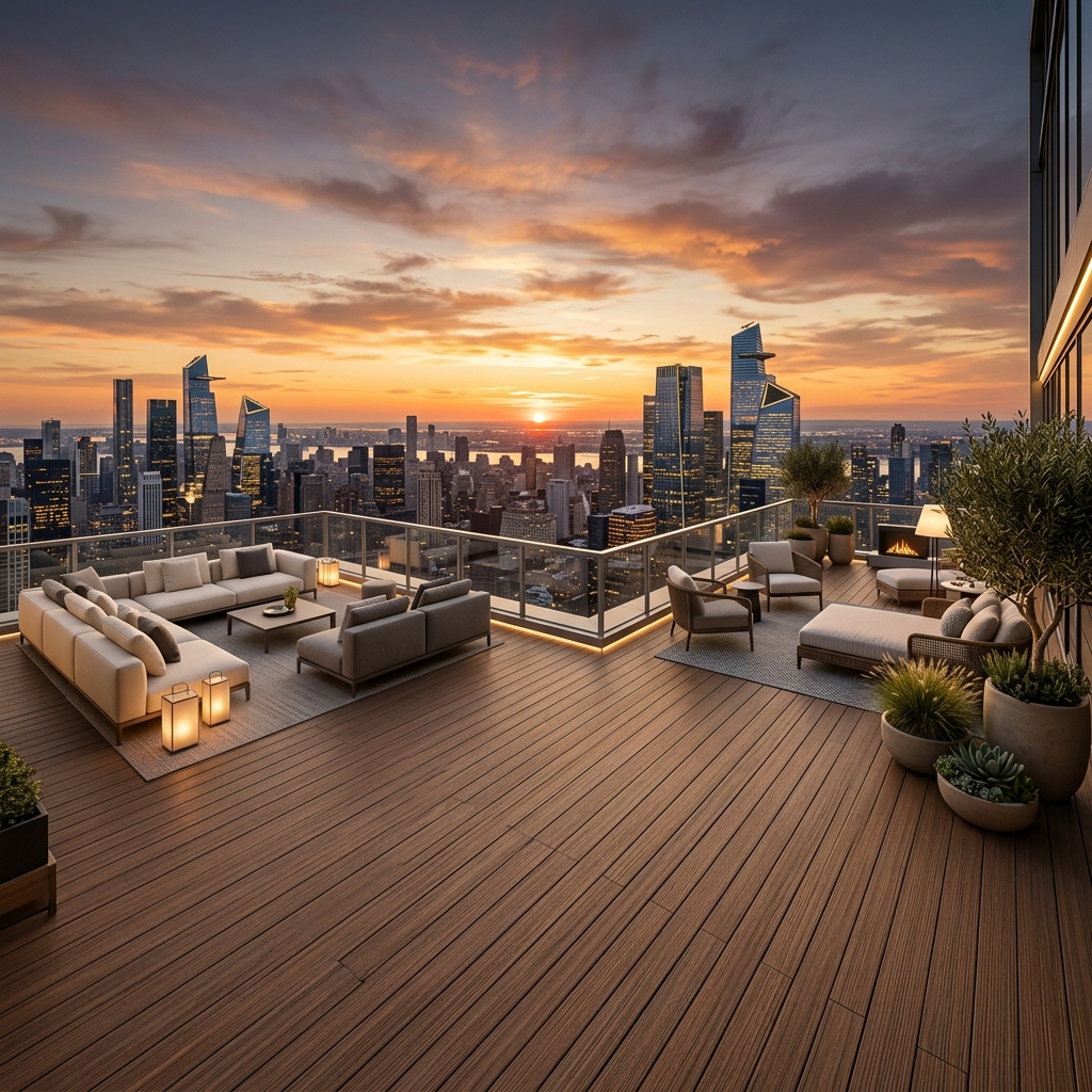 Góc thư giãn đẳng cấp trên sân thượng Penthouse với mặt nền vân gỗ sang trọng