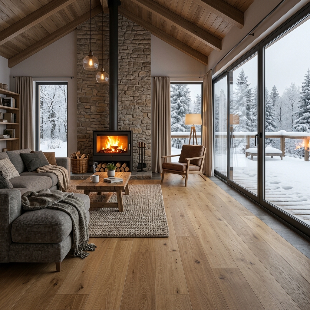Lớp sàn nhựa dán keo màu gỗ sồi mang lại cảm giác ấm áp tuyệt đối cho phòng khách