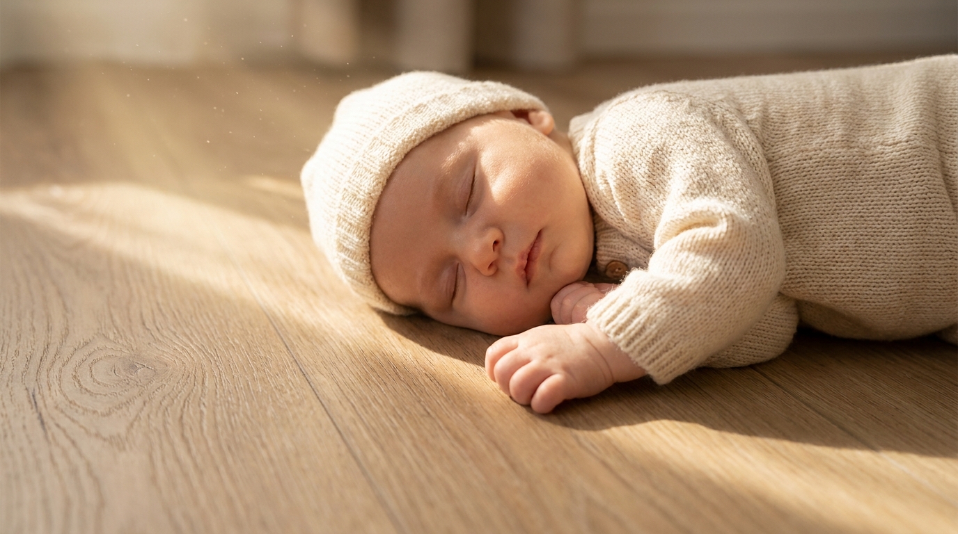 Em bé sơ sinh ngủ ngoan và an toàn trên bề mặt sàn nhựa giả vân gỗ hèm khóa hoàn toàn không chứa chất độc hại.