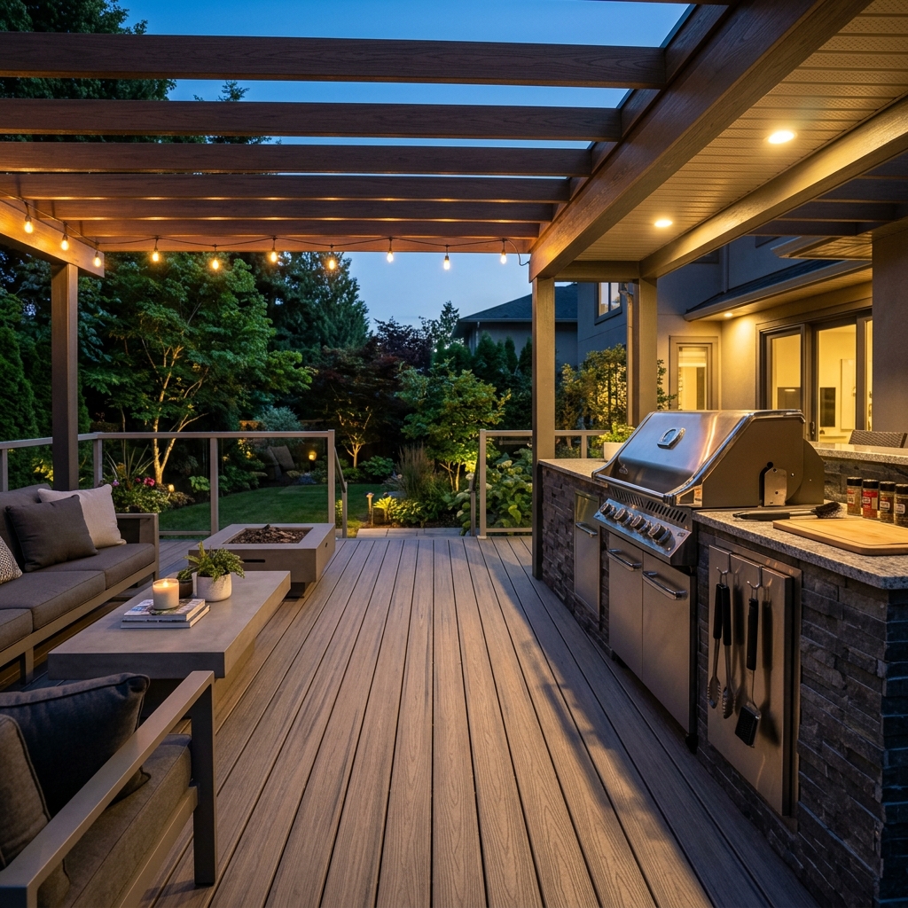 Không gian góc nướng BBQ cực chill sang trọng trên mặt lót sàn gỗ sân vườn.