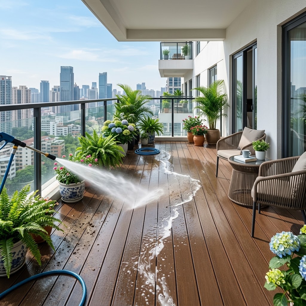 Chỉ với một vòi xịt nước, mọi bụi bẩn trên mặt sàn gỗ nhựa ban công đều được cuốn trôi
