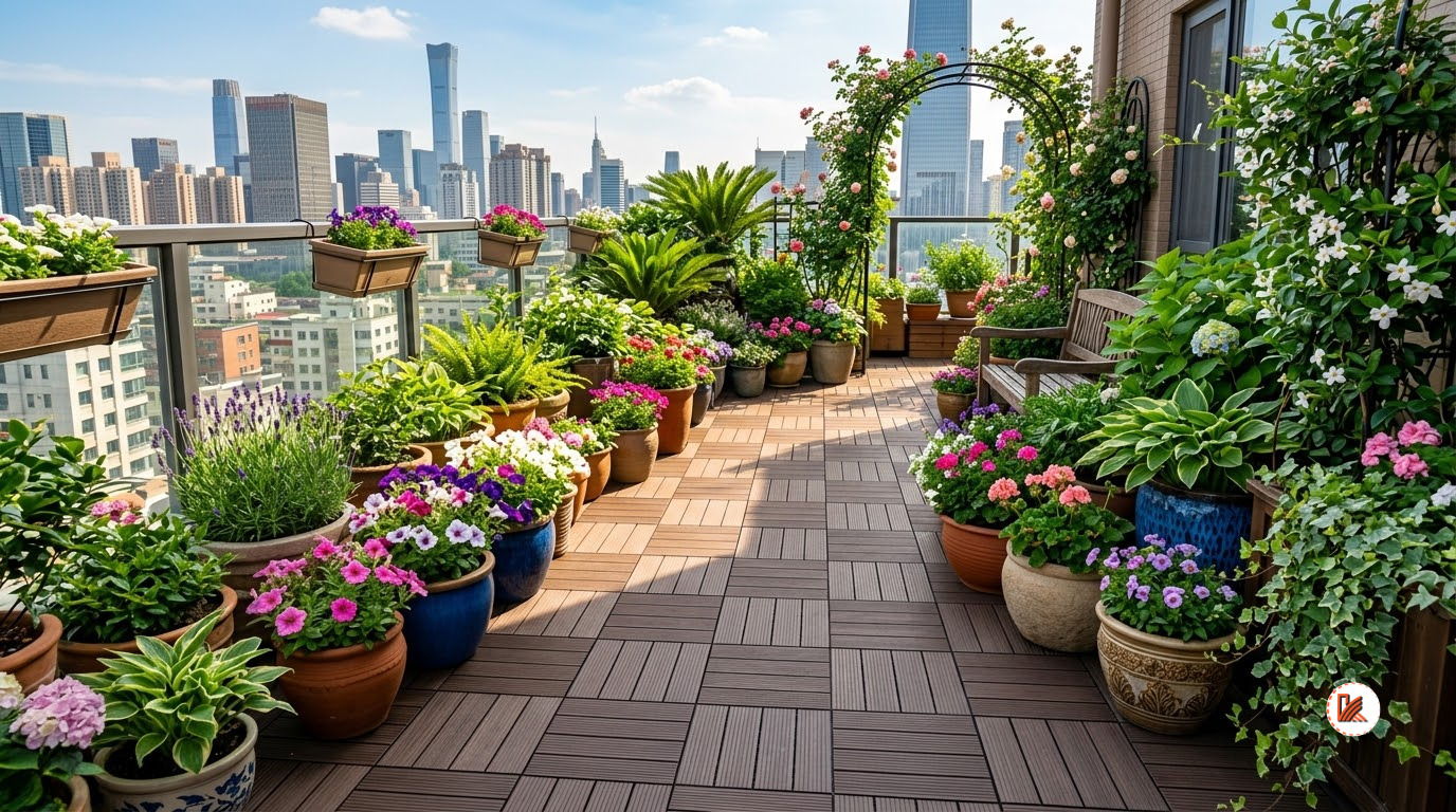 Khu vườn sân thượng ngập tràn cây xanh và hoa lá được lót vỉ gỗ nhựa ngoài trời sạch sẽ.