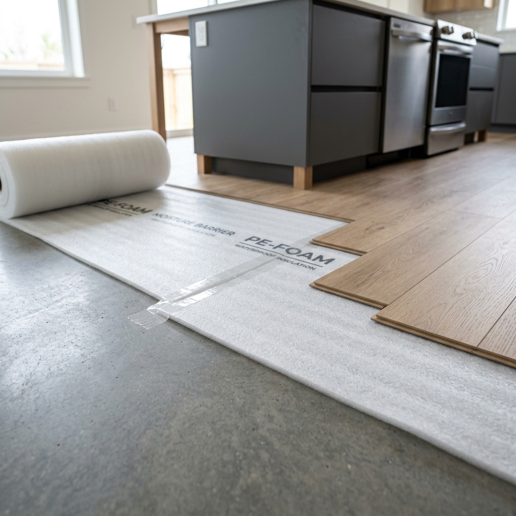 Lớp xốp lót cách ẩm được trải kín và dán băng keo cẩn thận là bức tường phòng ngự đầu tiên chặn đứng hơi nước từ dưới nền bốc lên