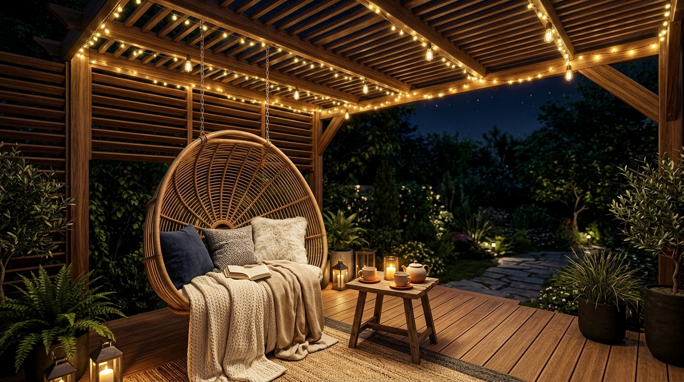Khoảnh khắc an yên: Không gian thư giãn lãng mạn dưới giàn pergola về đêm
