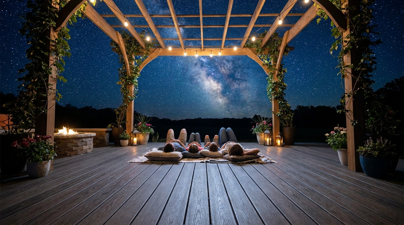 Gia đình ngắm sao dưới giàn pergola có lót sàn gỗ nhựa ngoài trời mát mẻ.