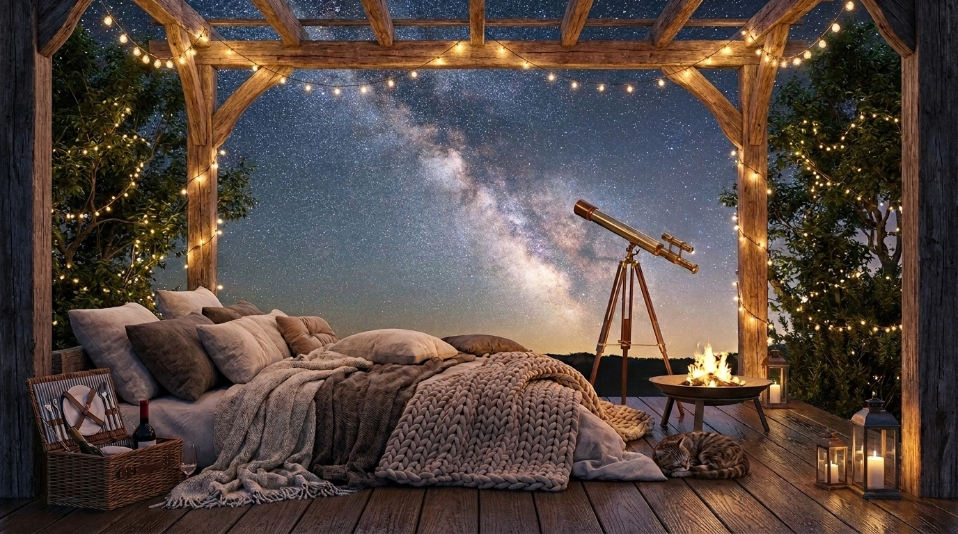 Không gian ngắm sao lãng mạn với thảm và gối đệm trên nền sàn gỗ dưới giàn hoa pergola.