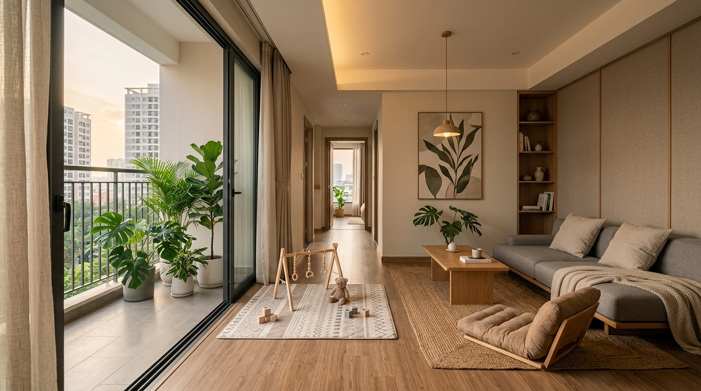 Phòng khách chung cư yên tĩnh lót sàn gỗ giá rẻ nhất thị trường trên lớp cao su non giảm ồn