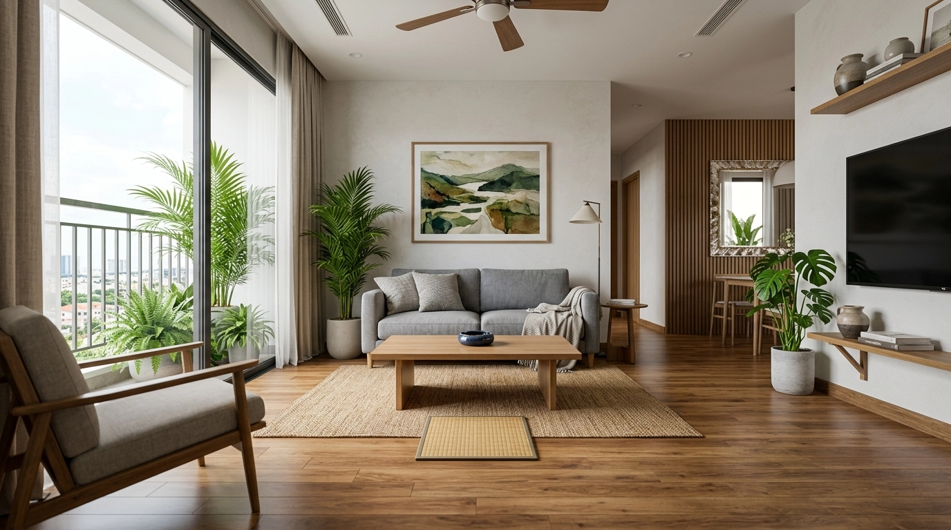 Phòng khách lót sàn gỗ giá rẻ nhất thị trường với tấm lót chịu nhiệt đặt dưới bàn nước có gạt tàn
