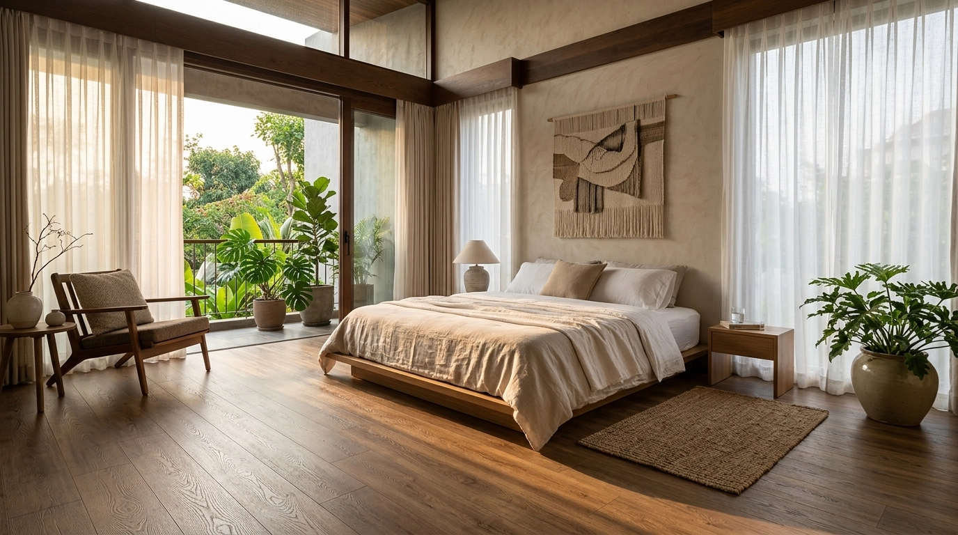 Phòng ngủ ấm áp lót sàn gỗ giá rẻ nhất thị trường vân sần EIR mờ dưới nắng sớm