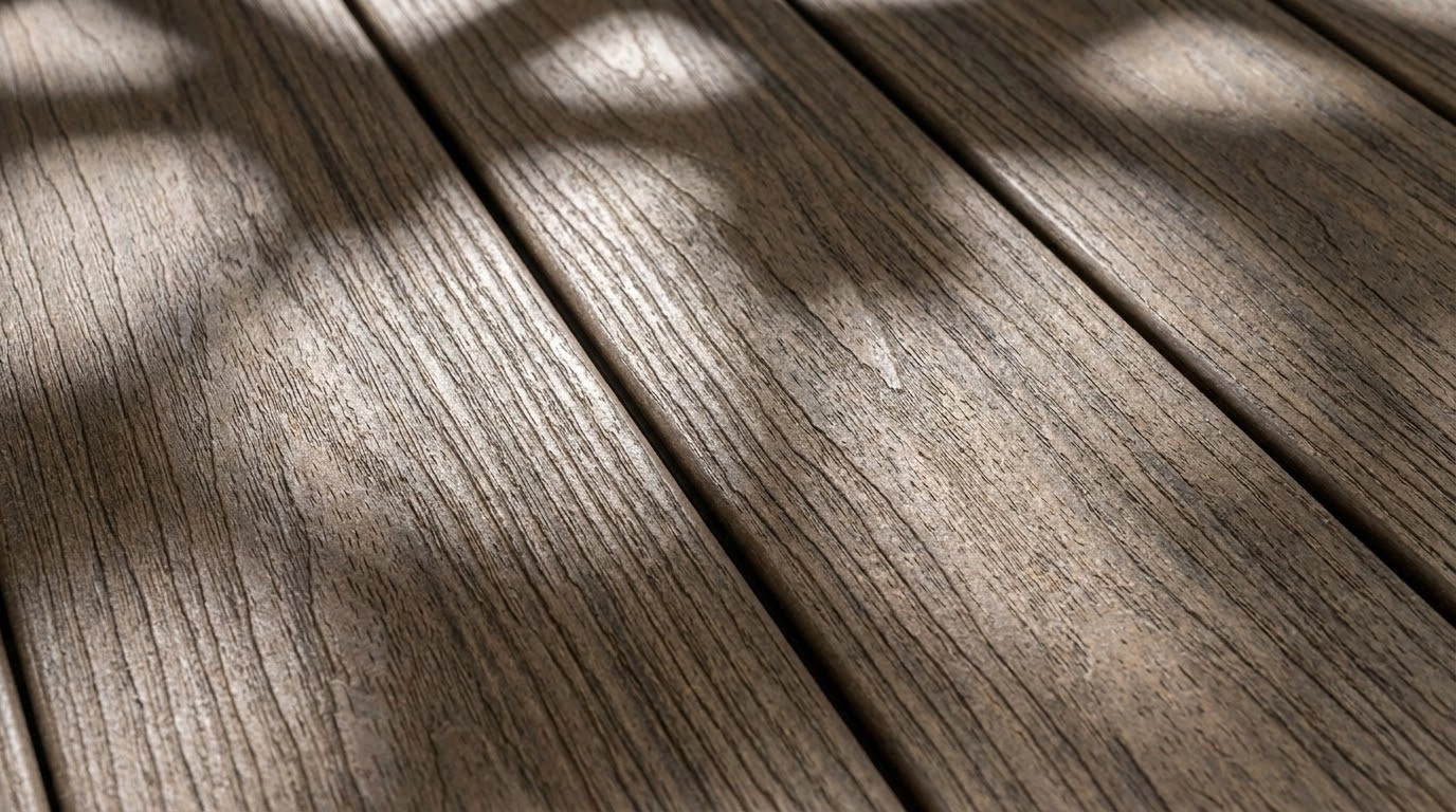 Bề mặt lót sàn gỗ nhựa ngoài trời êm ái dưới bóng râm của giàn hoa che mát.