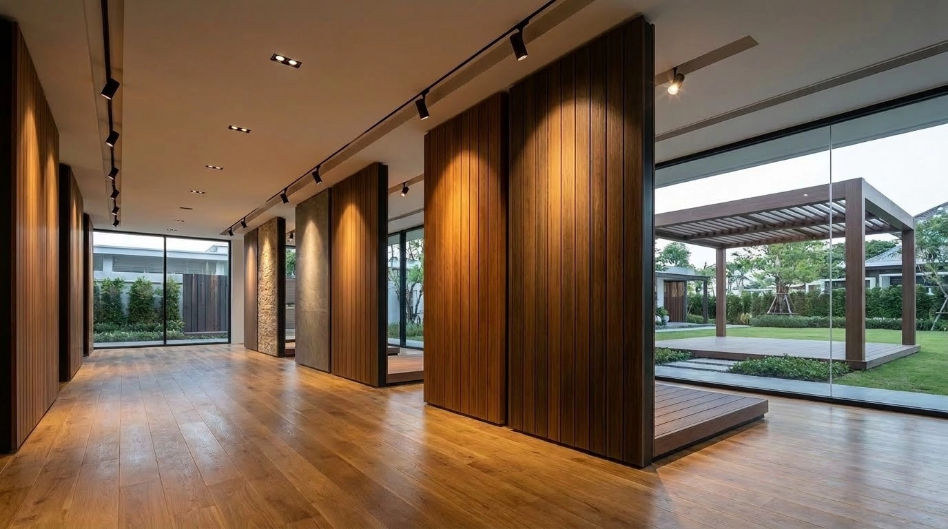 Showroom Khosango trưng bày các giải pháp giàn hoa và lót sàn ngoài trời đẳng cấp.