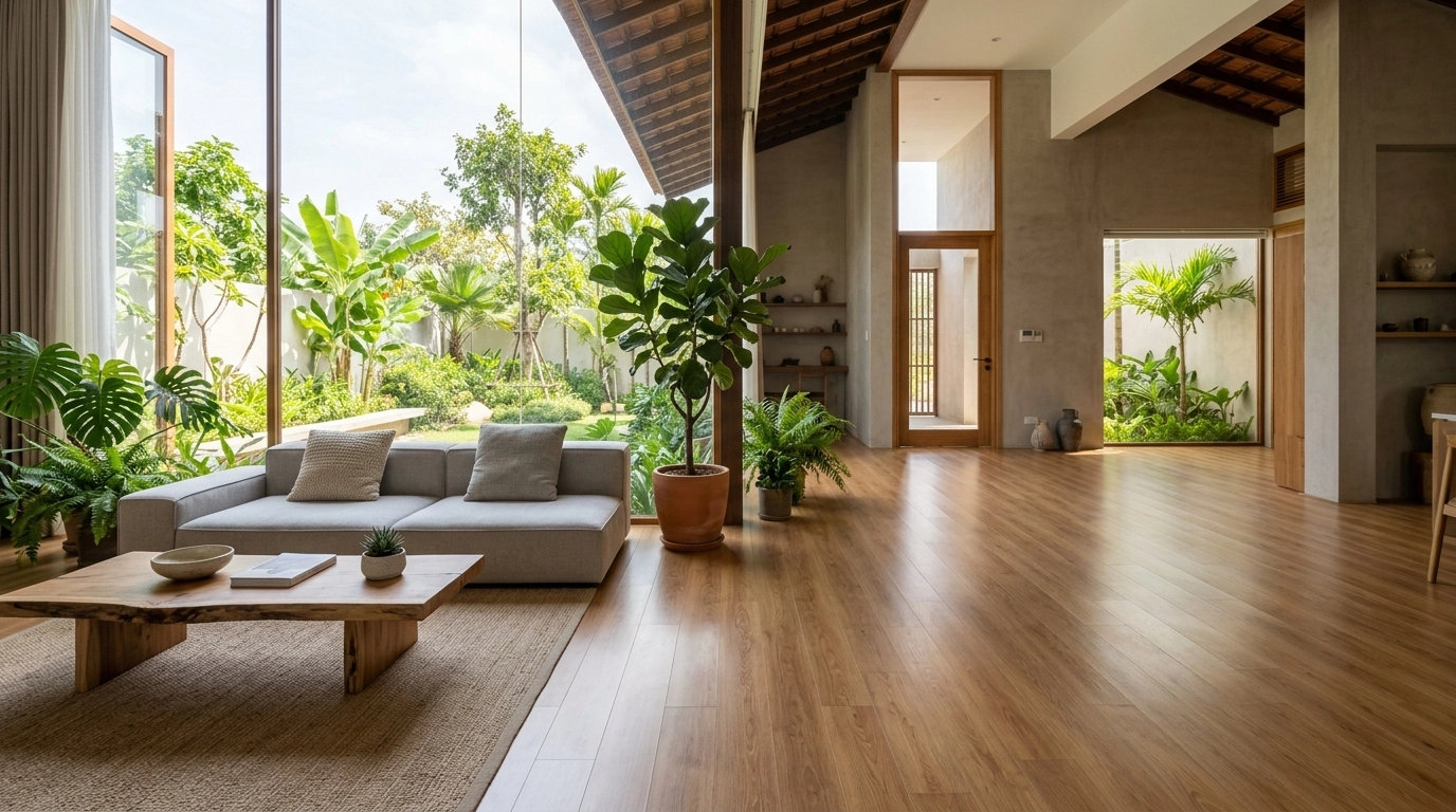 Phòng khách rộng rãi lót sàn gỗ giá rẻ nhất thị trường hèm chữ U cho mặt sàn liền mạch như một tấm