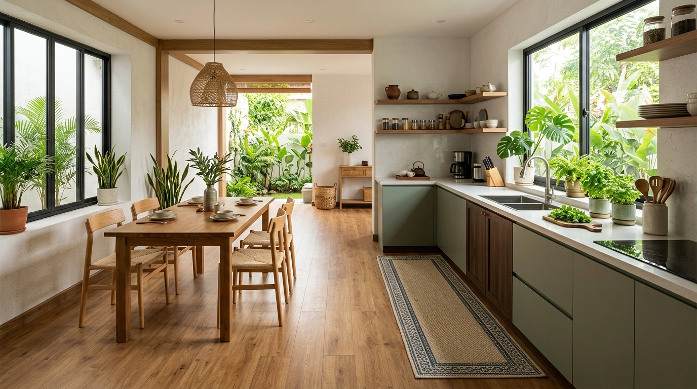 Bếp và khu ăn liền mạch lót sàn gỗ giá rẻ nhất thị trường với thảm chống thấm trước tủ chậu rửa
