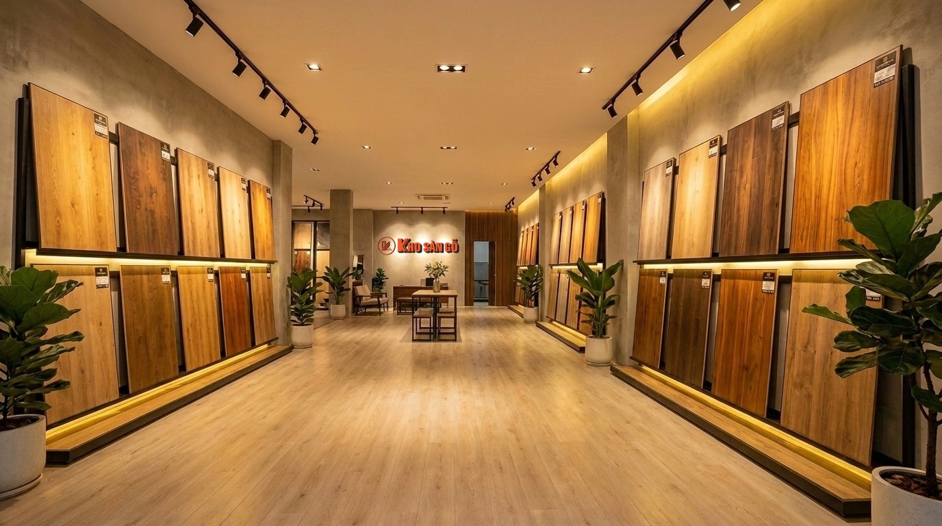 Showroom trưng bày sàn gỗ công nghiệp an toàn sức khỏe tại Khosango.
