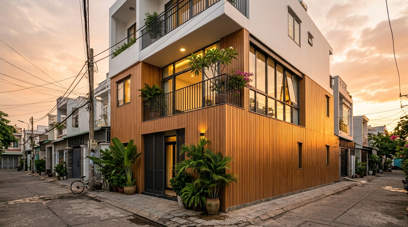 Mặt tiền nhà phố hiện đại ốp ván gỗ nhựa mỏng tông gỗ ấm theo phương dọc dưới nắng hoàng hôn