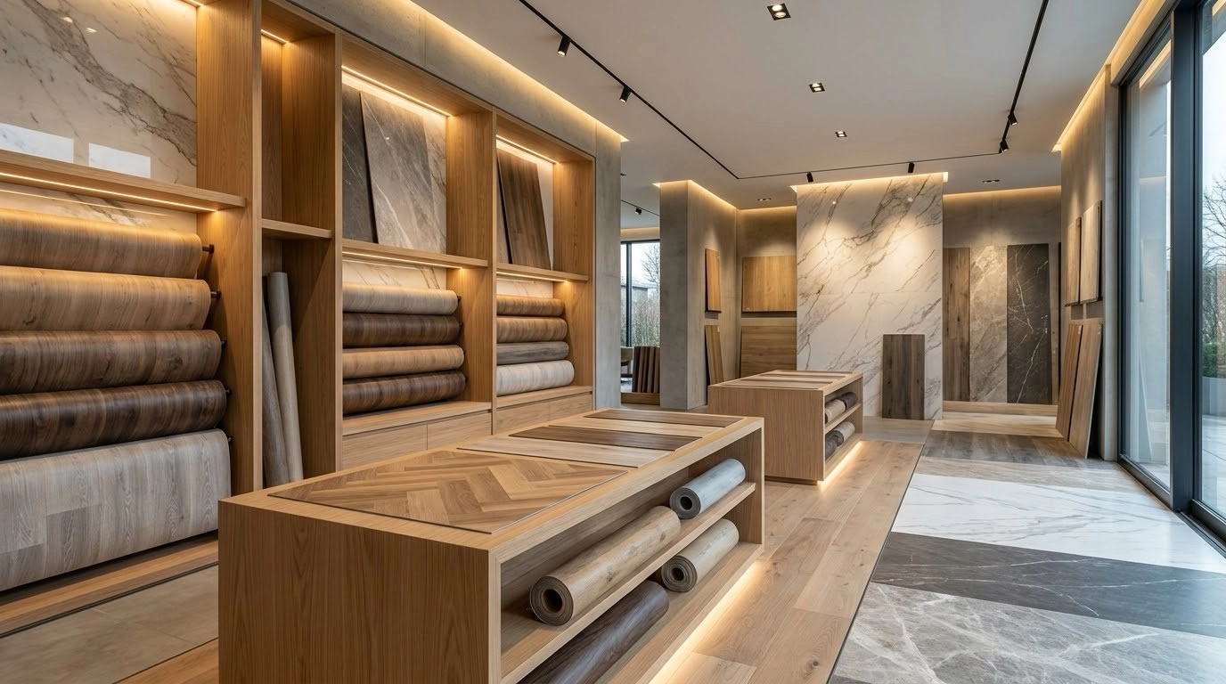 Đa dạng mẫu mã sàn nhựa dán keo vân gỗ, vân đá trưng bày tại showroom Khosango.