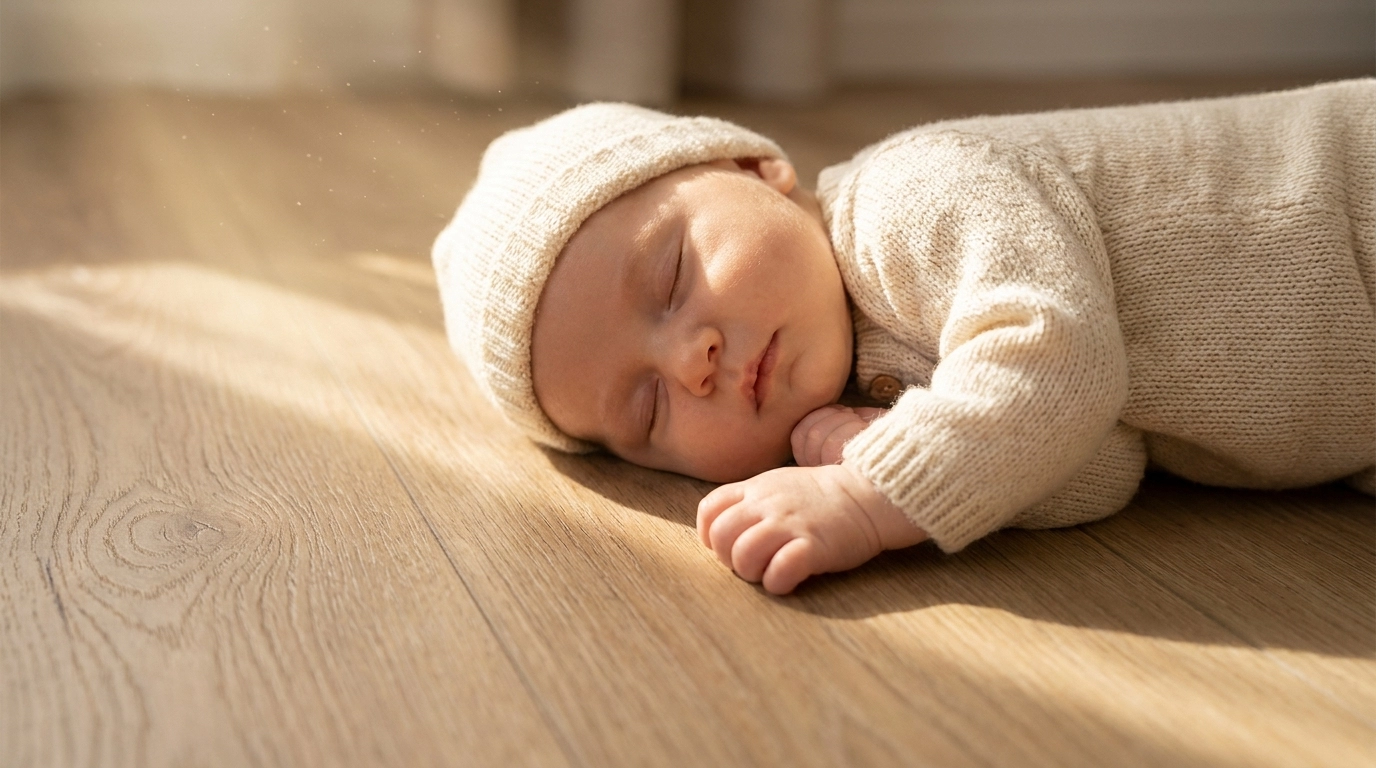 Em bé sơ sinh ngủ ngoan và an toàn trên bề mặt sàn nhựa giả vân gỗ hèm khóa hoàn toàn không chứa chất độc hại.