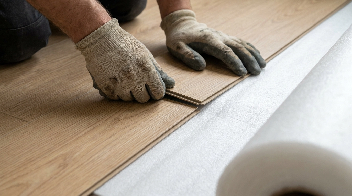 Bức ảnh cận cảnh thi công lắp ghép sàn nhựa hèm khóa hoàn toàn sạch sẽ, không dùng keo độc hại.