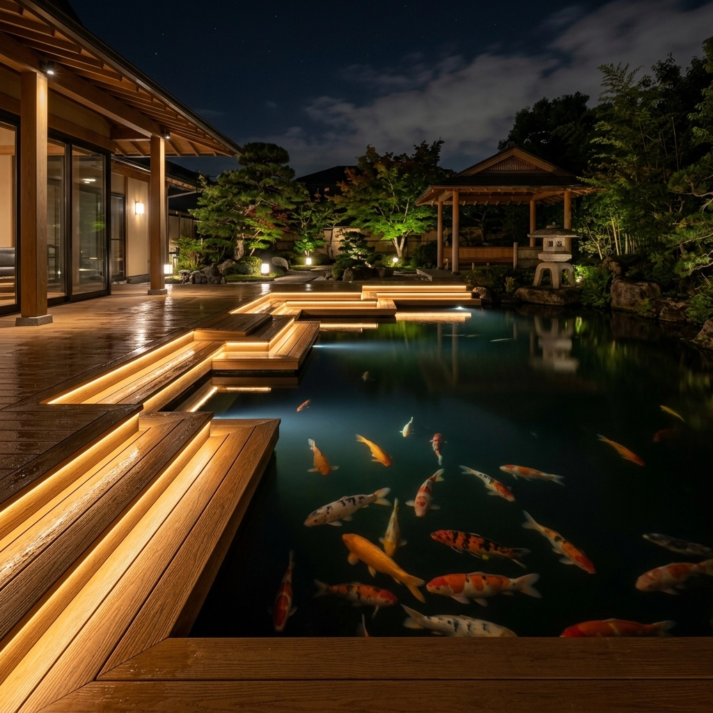 Ánh sáng vàng ấm từ đèn LED giấu dưới mép bậc thềm tạo hiệu ứng thị giác bồng bềnh, huyền ảo cho hồ cá Koi khi đêm về