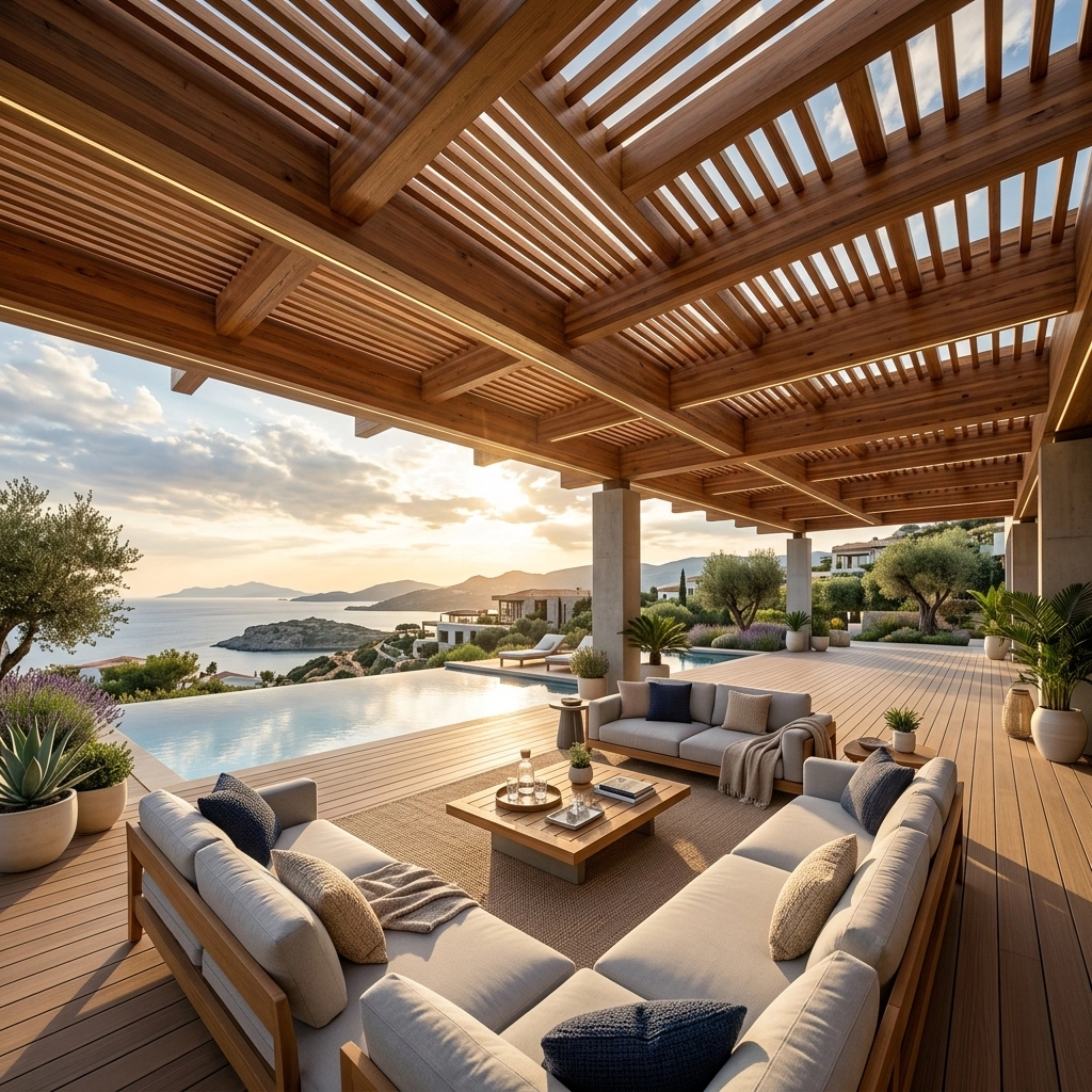 Phòng khách ngoài trời dưới giàn Pergola được nâng tầm nhờ mặt nền ván sàn giả gỗ
