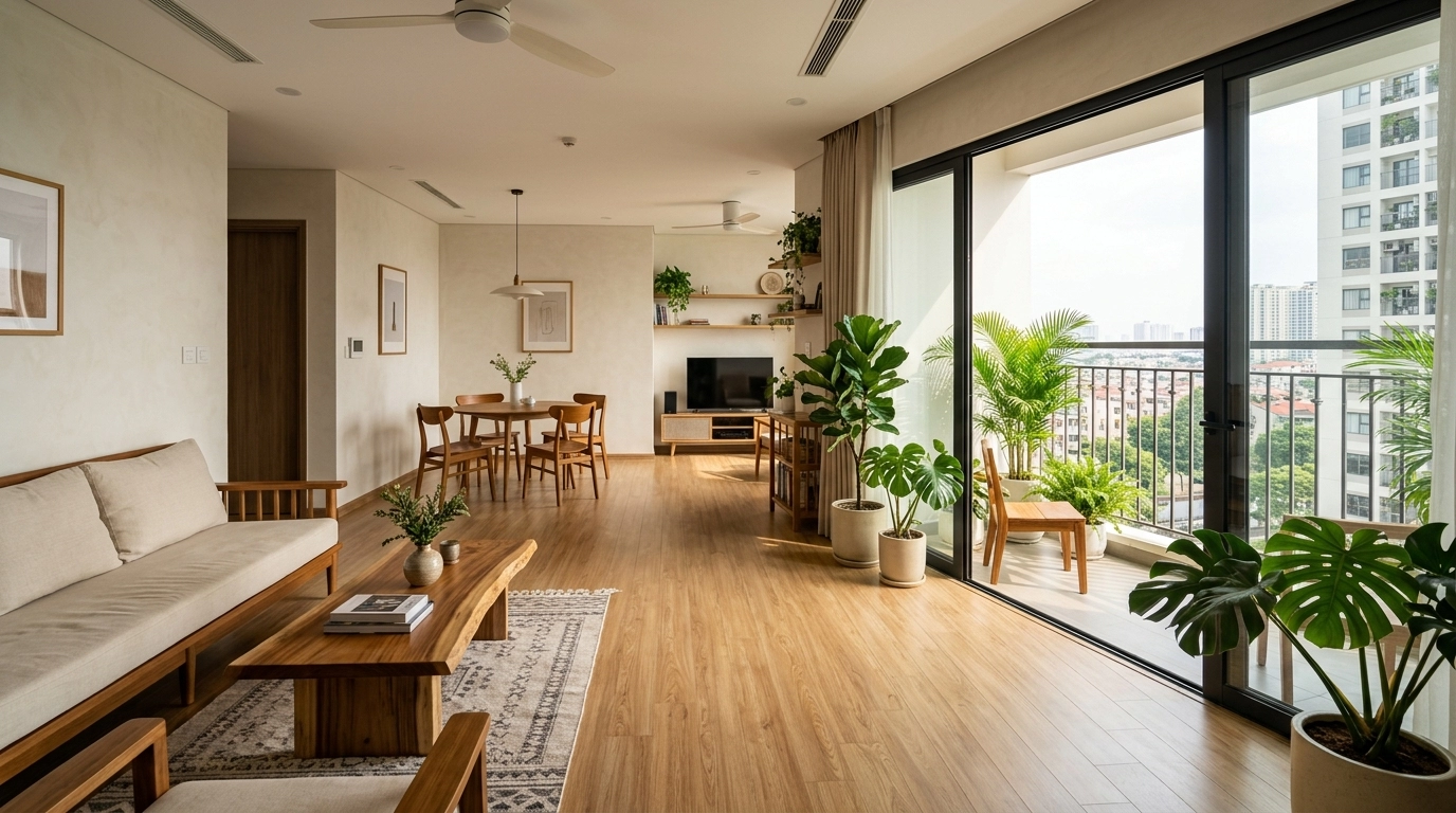 Căn hộ hiện đại lót sàn gỗ giá rẻ nhất thị trường tông tần bì mật ong liền mạch từ phòng khách sang bếp