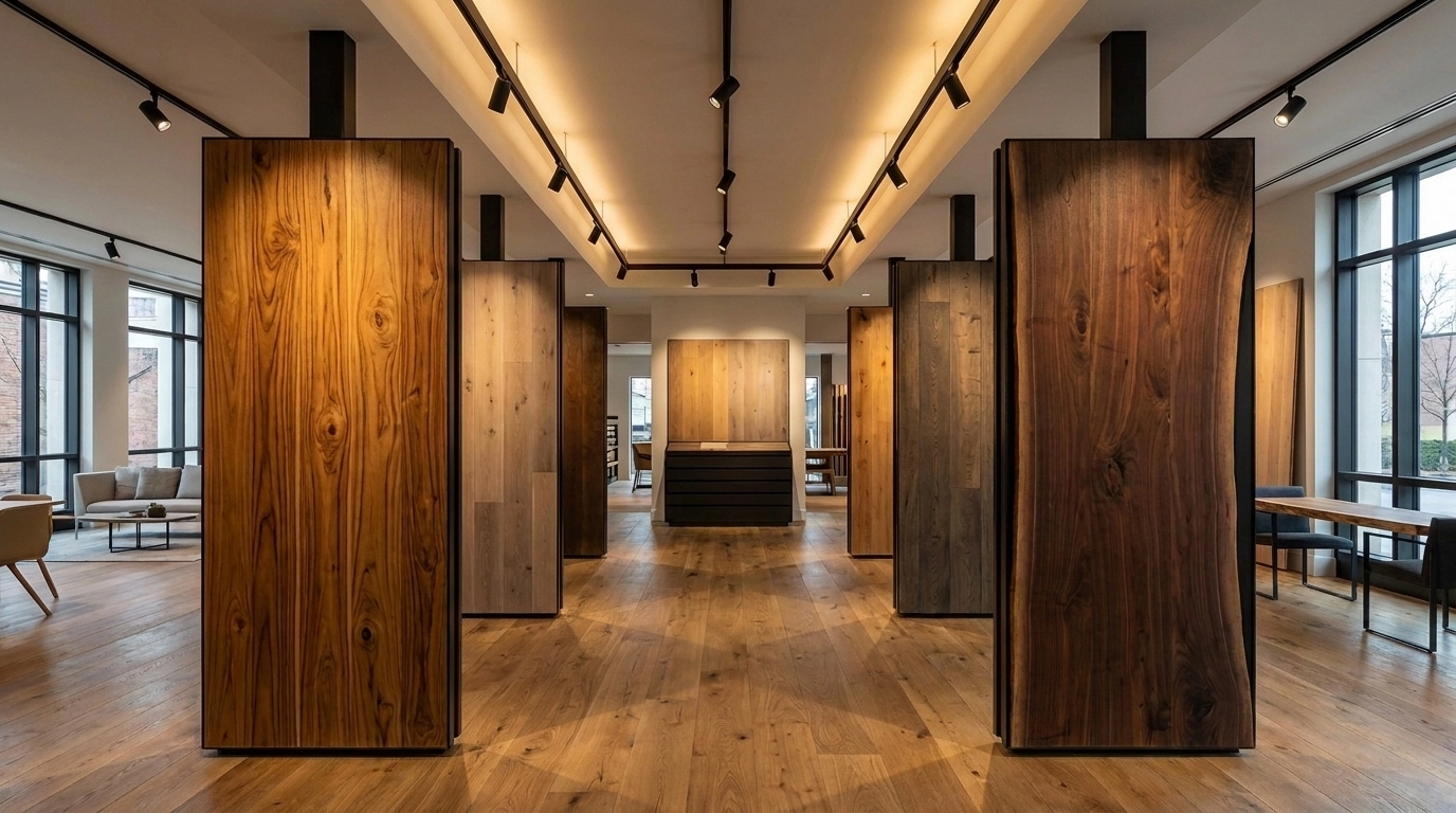 Showroom trưng bày các bộ sưu tập sàn gỗ tự nhiên cao cấp, đa dạng vân gỗ tại Khosango.