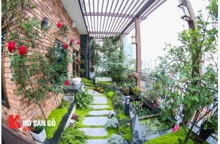 Không gian sân thượng xanh mát với giàn hoa leo
